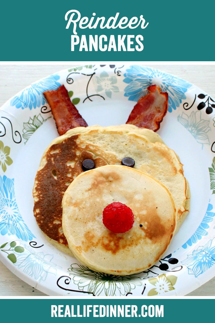 Pinterest photo of Reindeer Pancakes with the text of the title at the top of the picture.