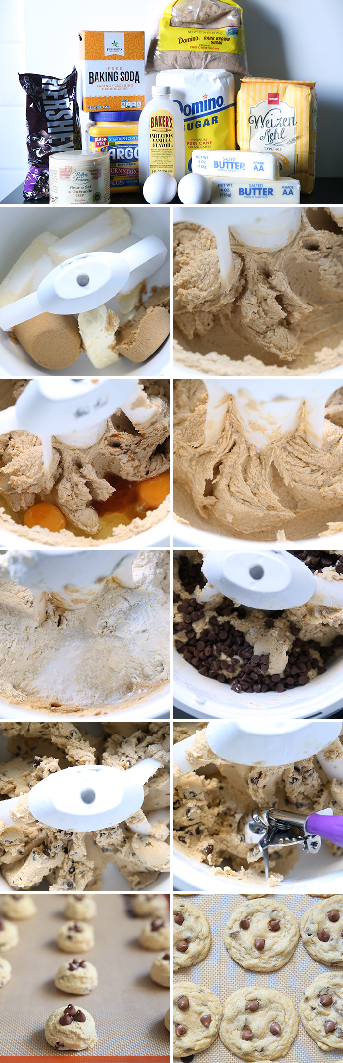 11-photo collage of step by step pictures for how to make chocolate chip cookies