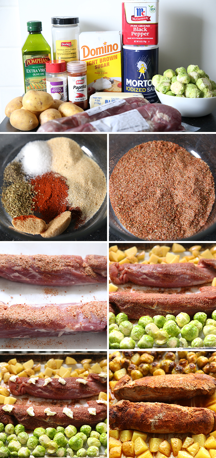 7-picture photo collage with steps on how to make Sheet Pan Pork Tenderloin and Roasted Veggies