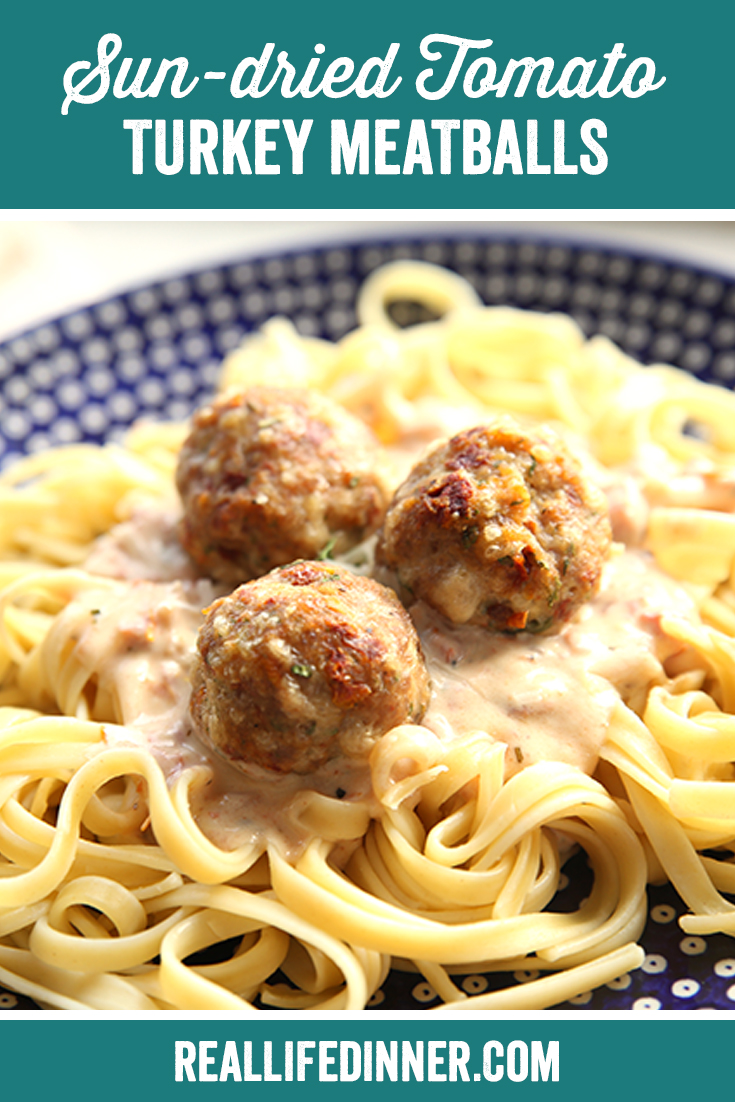 Pinterest picture with the text Sun-dried Tomato Turkey Meatballs at the top.