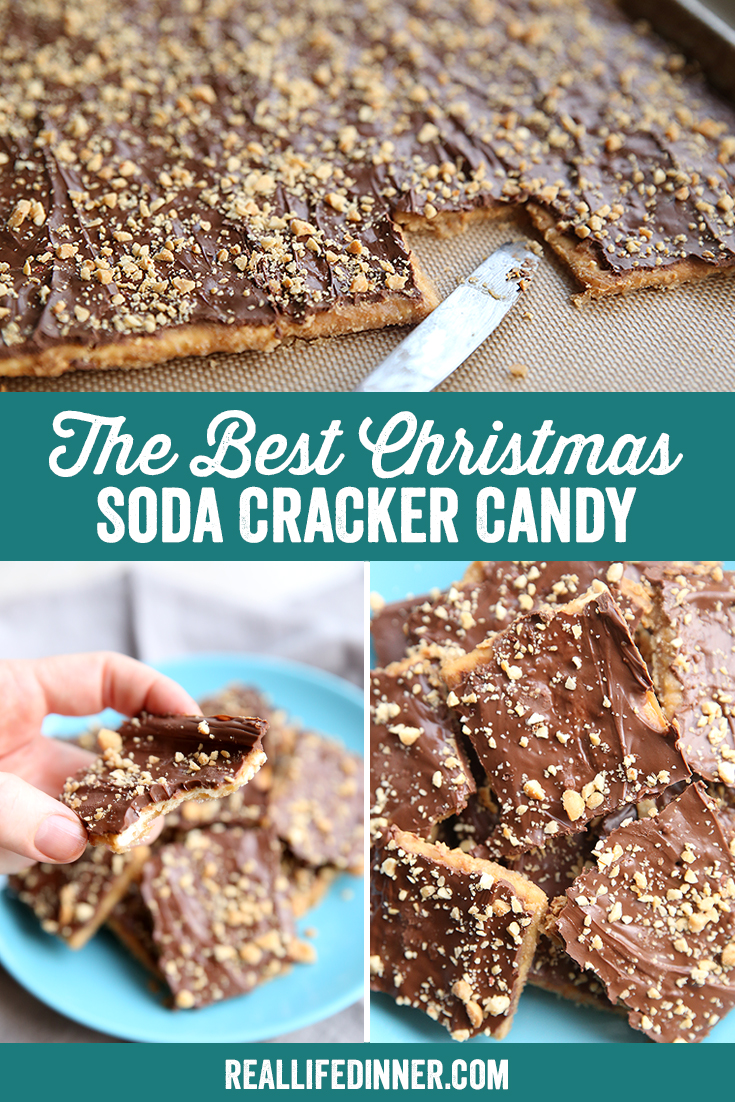 a pinterest image with three photos of christmas crack candy and words to describe the title in the middle dividing them.