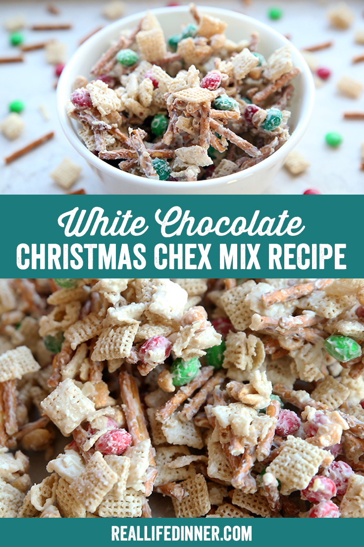 a pinterest collage with two pictures of christmas chex mix and separated with the title of the recipe 