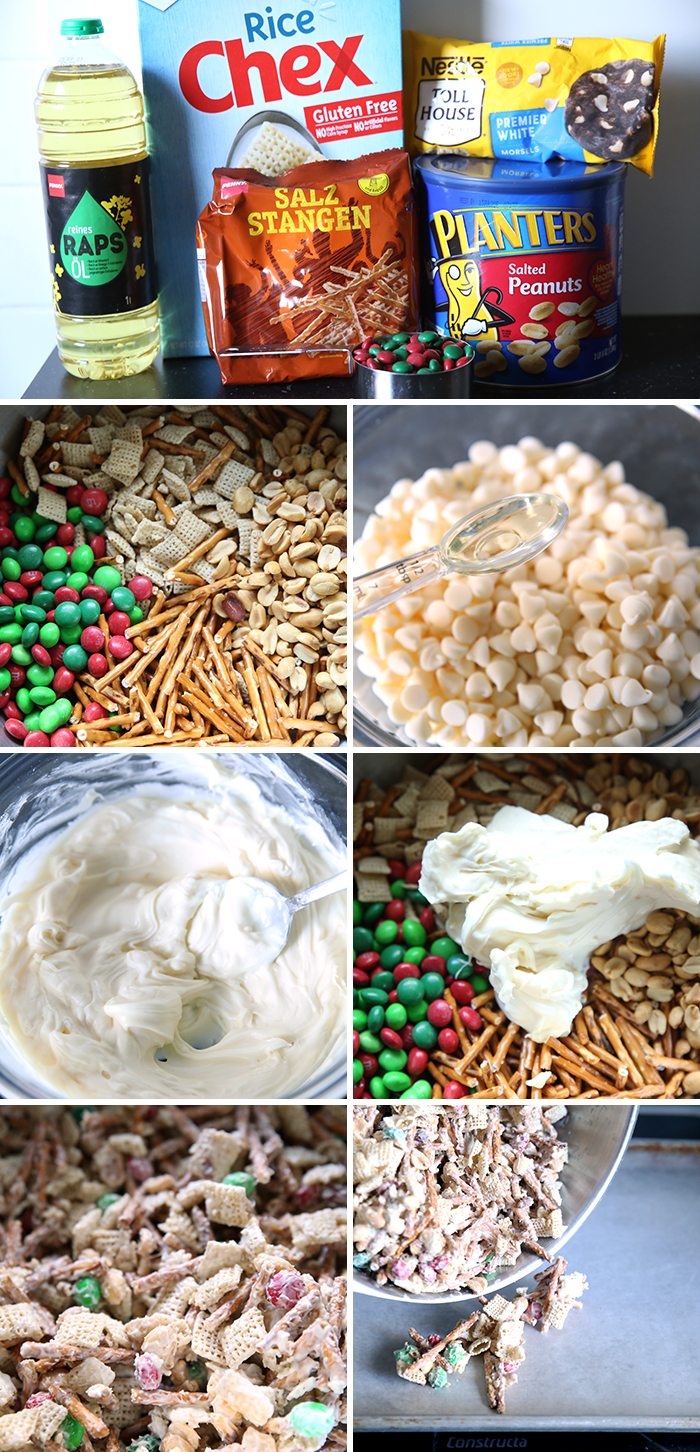 step by step pictures for making christmas chex mix, there are 7 pictures in the collage