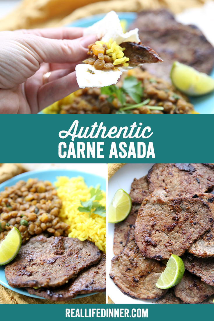 A pinterest collage with three photos showing authentic carne asada