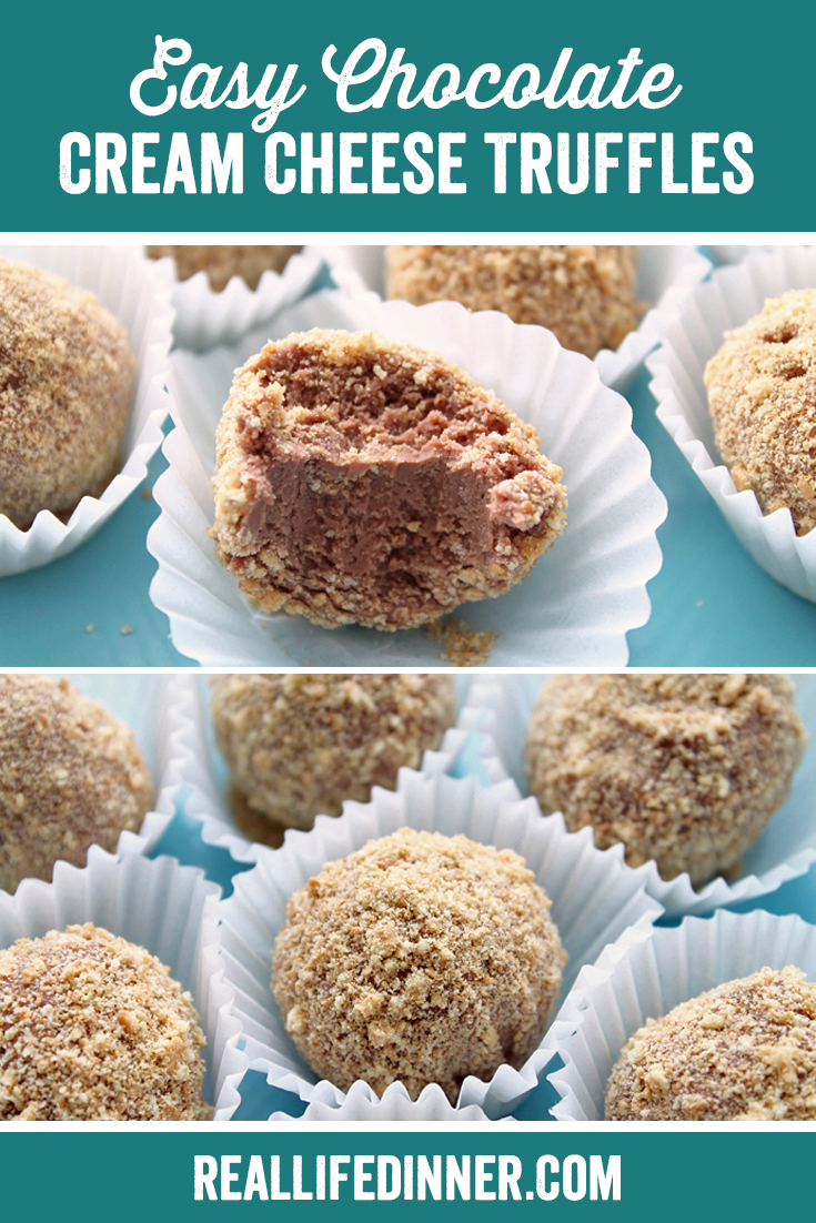 A PInterest collage photo of Easy Chocolate Cream Cheese Truffles. It has two pictures in it.