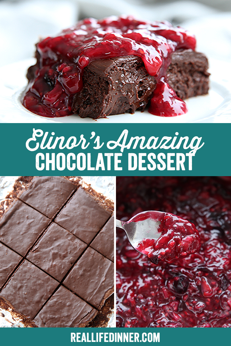 pinterest collage for elinors amazing dessert. it has three images and a header with the title of the recipe