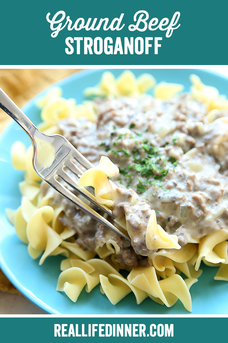 Pinterest picture with the text "Ground Beef Stroganoff" at the top.