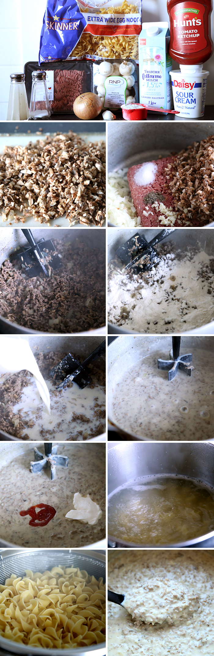 11-picture collage of step by step pictures for making beef stroganoff.
