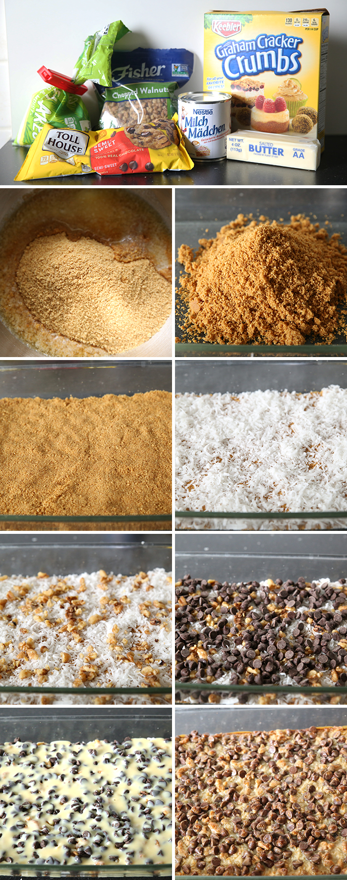 A collage with nine photos showing the step by step instructions on how to make Hello Dolly Bars
