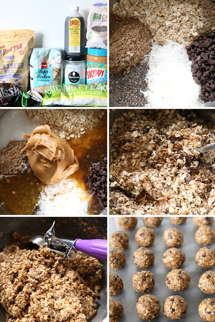 a collage with six photos showing step by step instructions on how to make no bake peanut butter energy bites