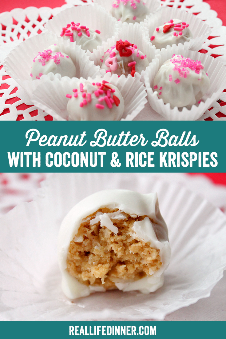 A Pinterest collage photo of Peanut Butter Balls with Coconut and Rice Krispies. It has two photos in it.