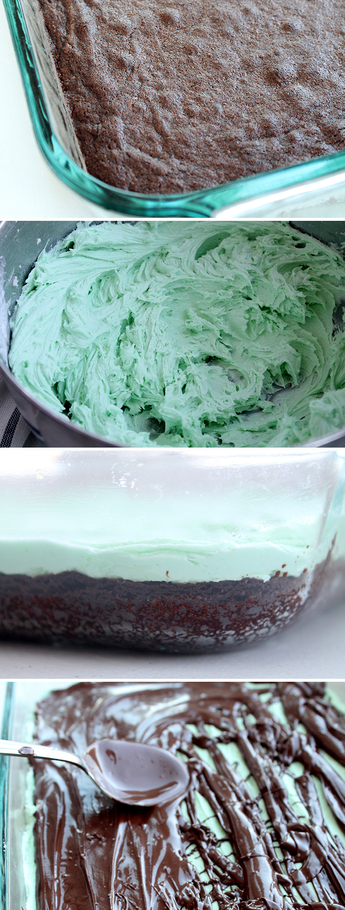 A collage of photos showing steps to make prefect mint brownies. It has four pictures in it.