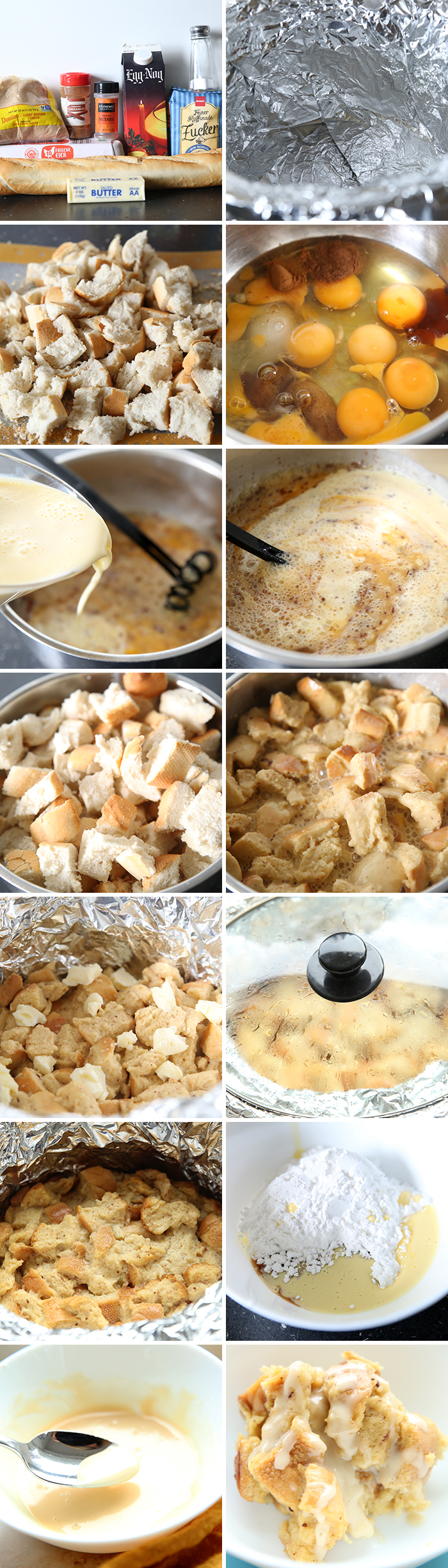 step by step collage of slwo cooker frech toast egg nog casserole