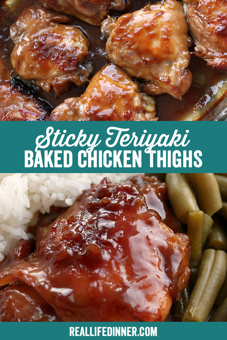A Pinterest collage photo of Sticky Teriyaki Baked Chicken Thighs. It has two photos in it.