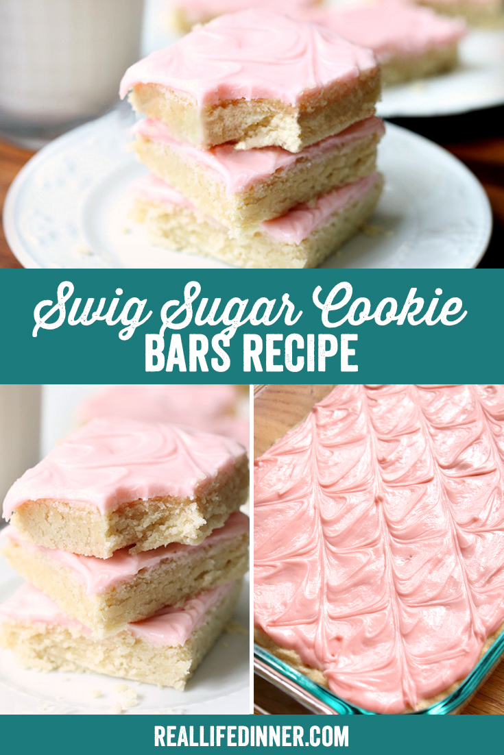 A Pinterest collage photo of Swig Sugar Cookie Bars Recipe. It has three pictures in it.