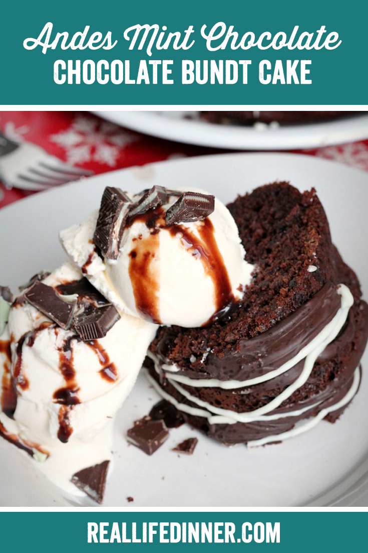 A Pinterest collage photo of Andes Mint Chocolate Bundt Cake. It has one picture in it.