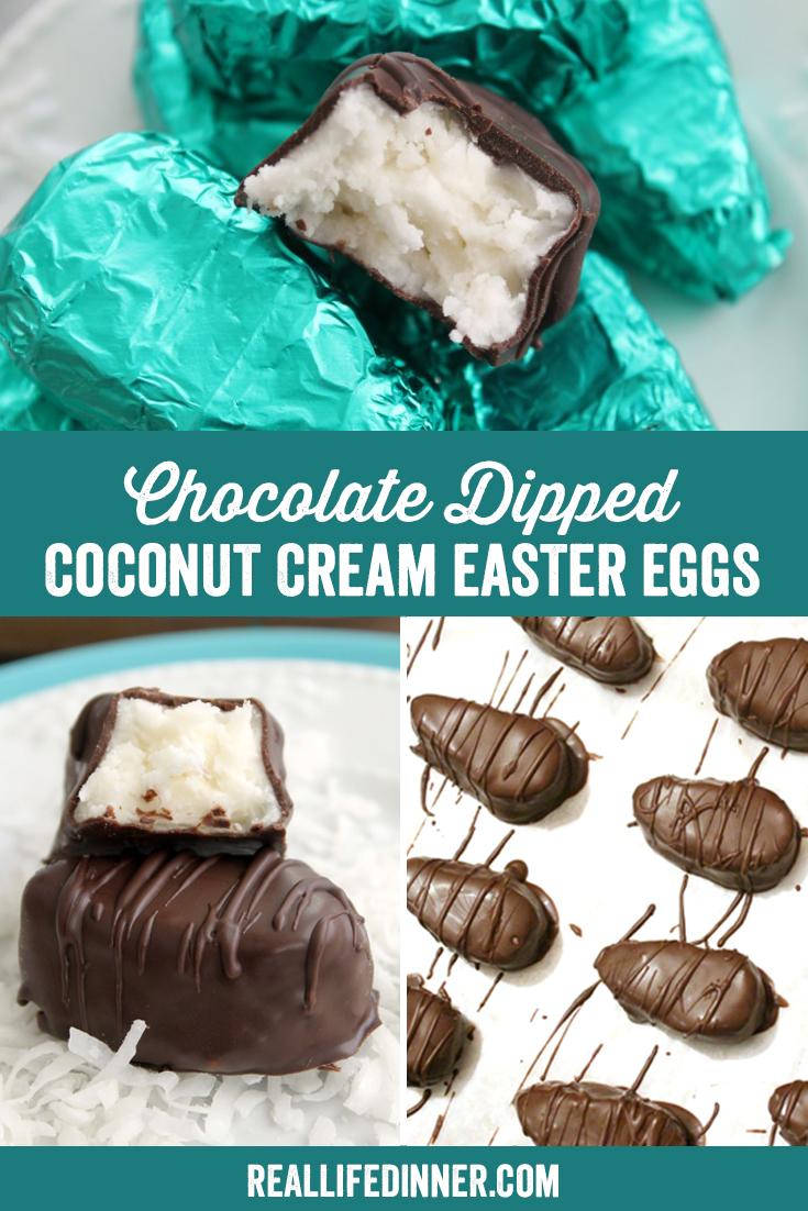 A Pinterest collage photo of Chocolate Dipped Coconut Cream Easter Eggs. It has three pictures in it.