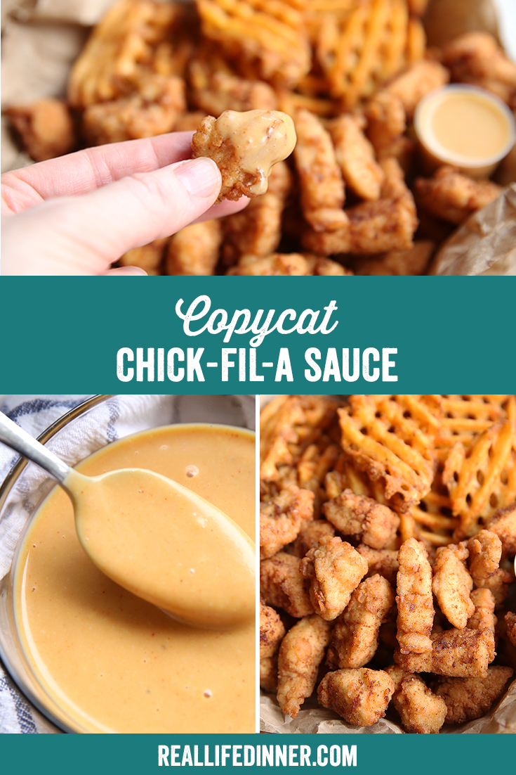pinterest collage of copycat chick-fil-a sauce. there are three pictures in the collage