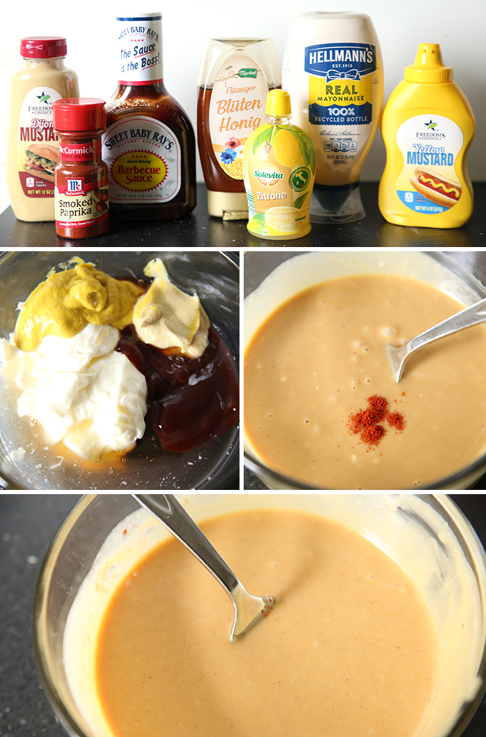 step by step pictures for how to make chick-fil-a sauce. there are four pictures in the collage