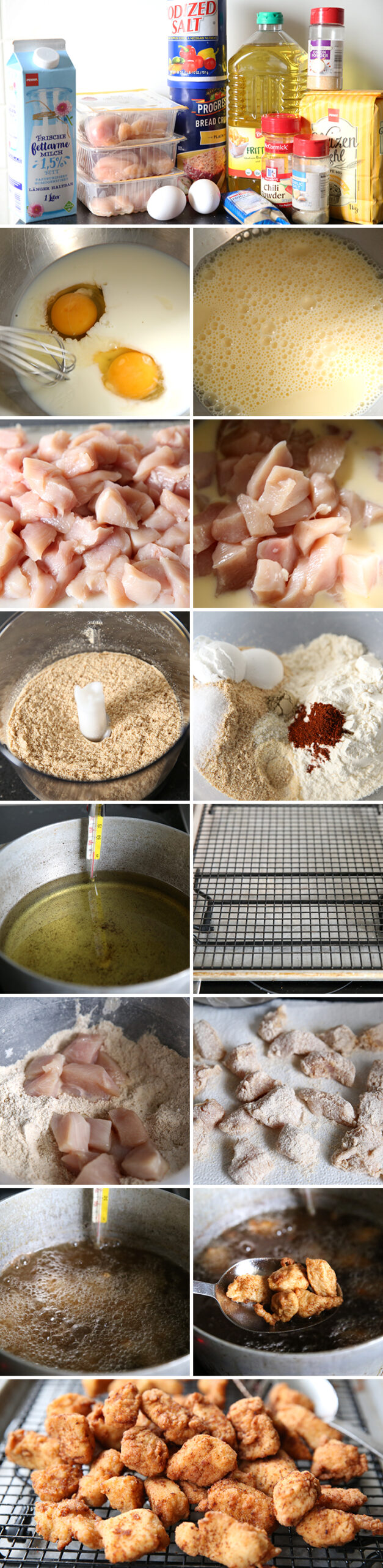 14-picture photo collage of step-by-step pictures on how to make chicken nuggets.