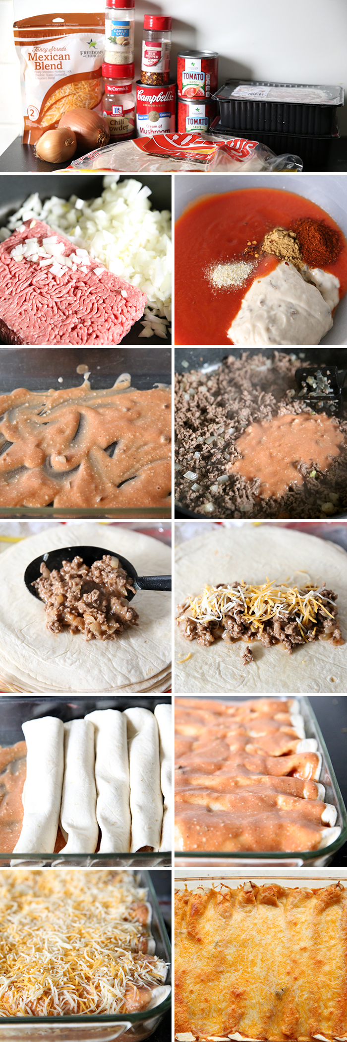 11-picture photo collage of step-by-step pictures on how to make Easy Ground Beef Enchiladas.