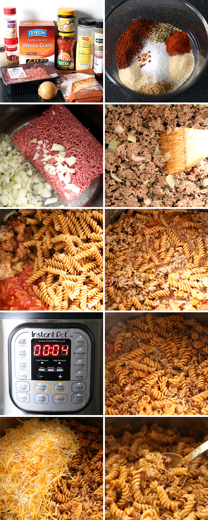 10-picture photo collage on how to make Cheesy Beef Taco Pasta.