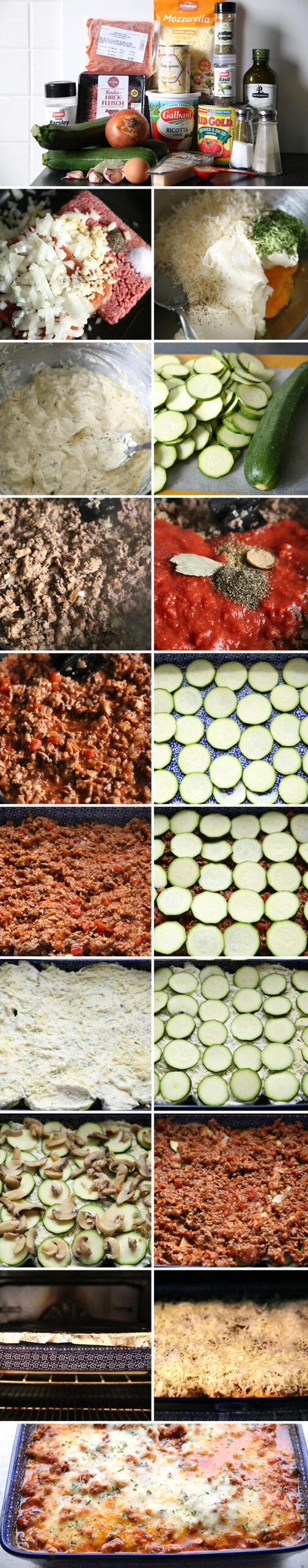 18-picture photo collage of step-by-step pictures for making No-Noodle Lasagna.