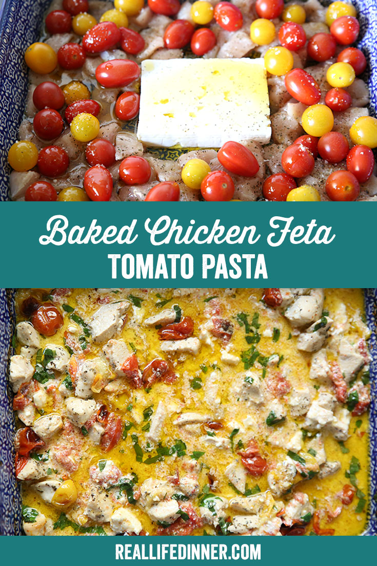 Two-photo Pinterest picture collage of Baked Chicken Feta Tomato Pasta with the text of the title of the recipe in the middle.