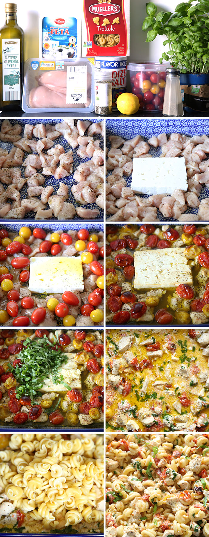 9-photo picture collage of step-by-step pictures for making Chicken Feta Tomato Pasta.