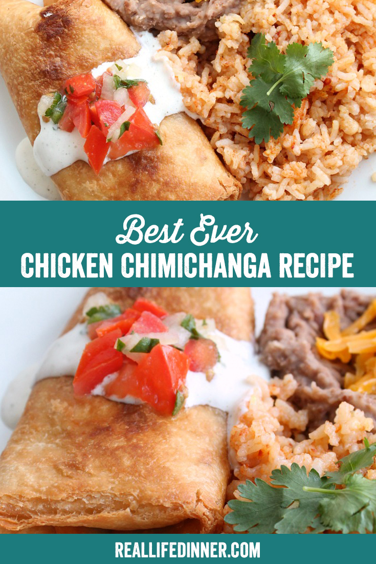 a pinterest collage photo of best ever chicken chimichanga recipe. It has two pictures in it.