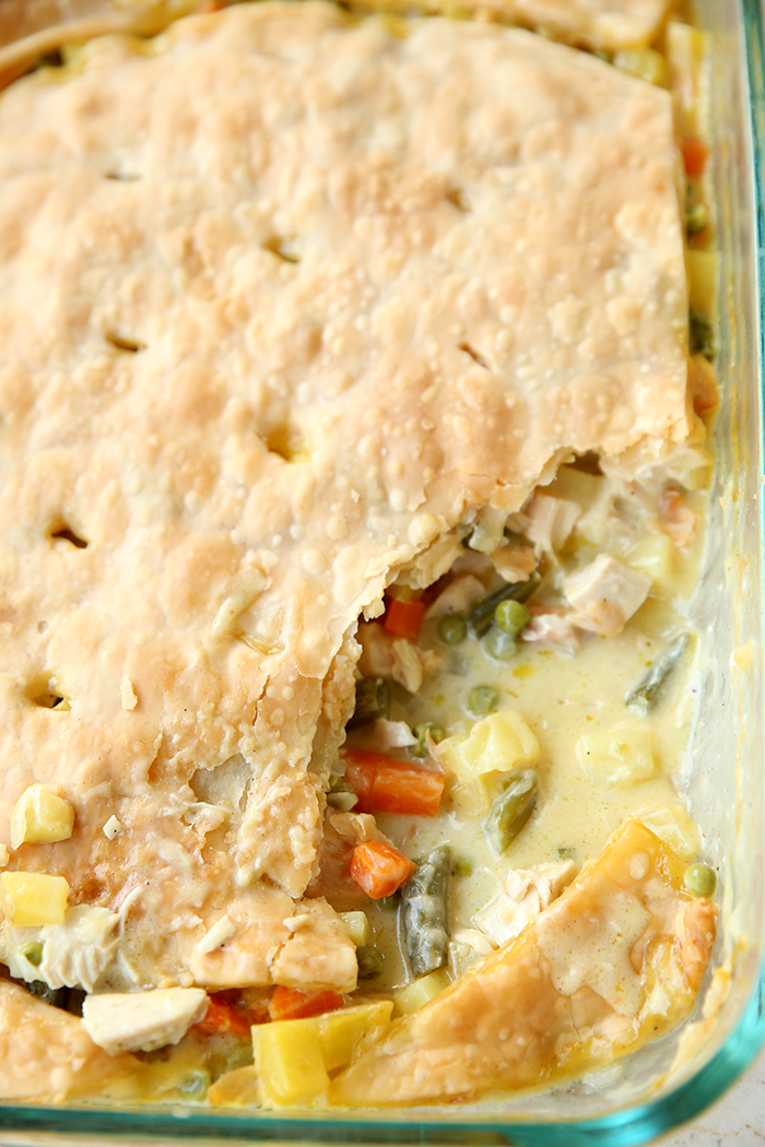 A glass pan holding easy chicken pot pie