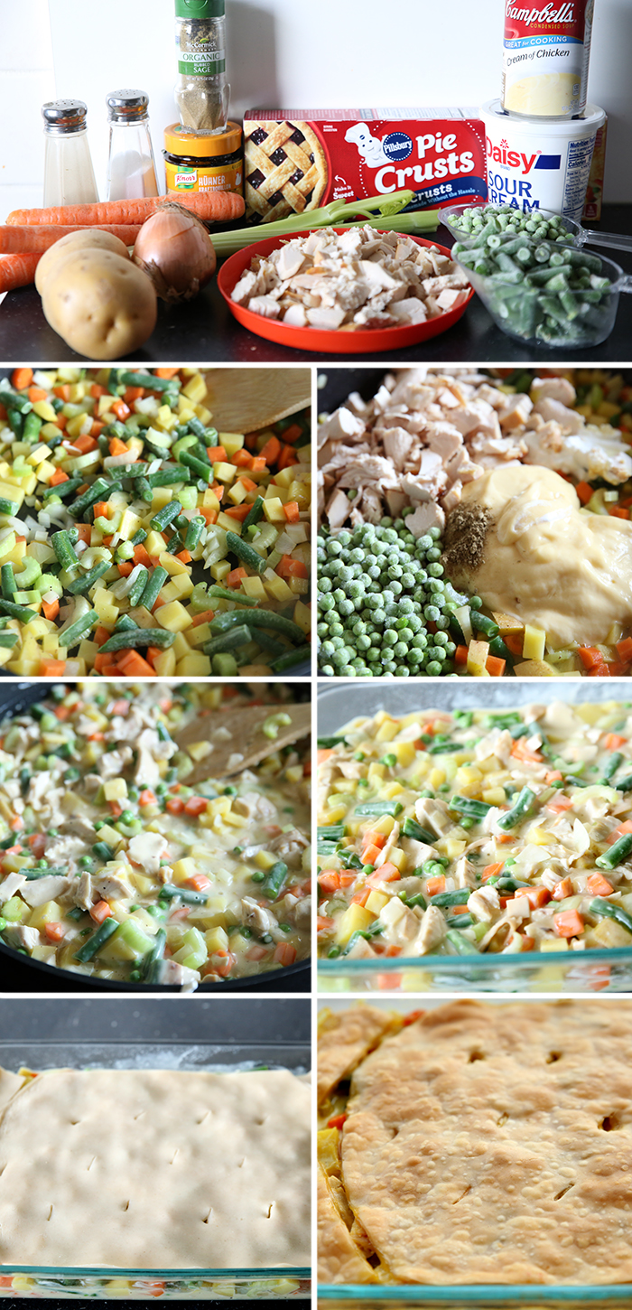 A collage with seven photos showing step by step instructions on how to make easy chicken pot pie