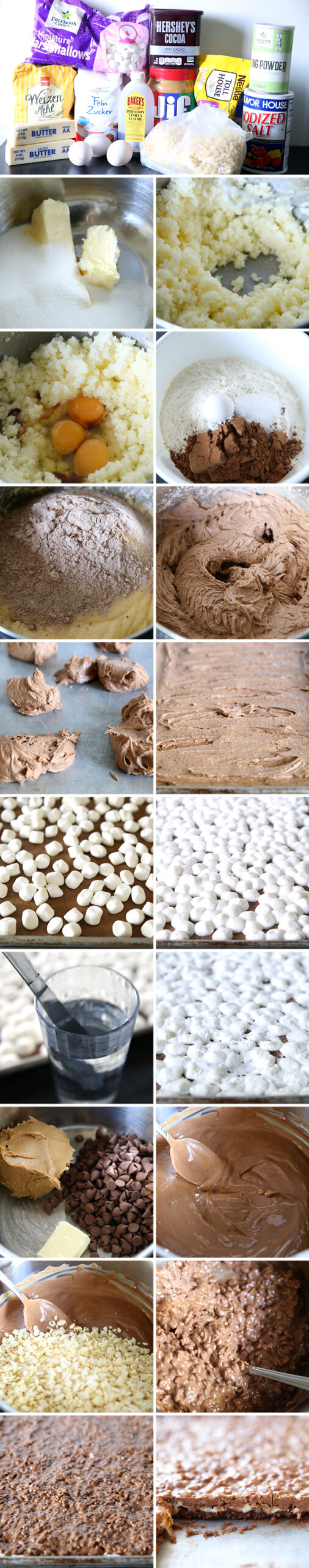 19-picture photo collage of step-by-step pictures of how to make peanut butter crunch brownies with marshmallows.
