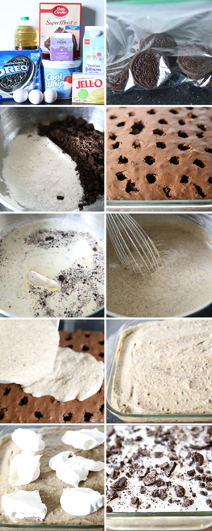 10-picture photo collage of step-by-step instructions on how to make Oreo Poke Cake.