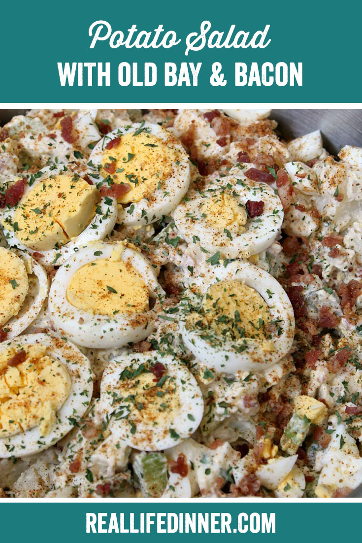 a pinterest collage photo of potato salad with old bay and bacon. it has one picture in it.