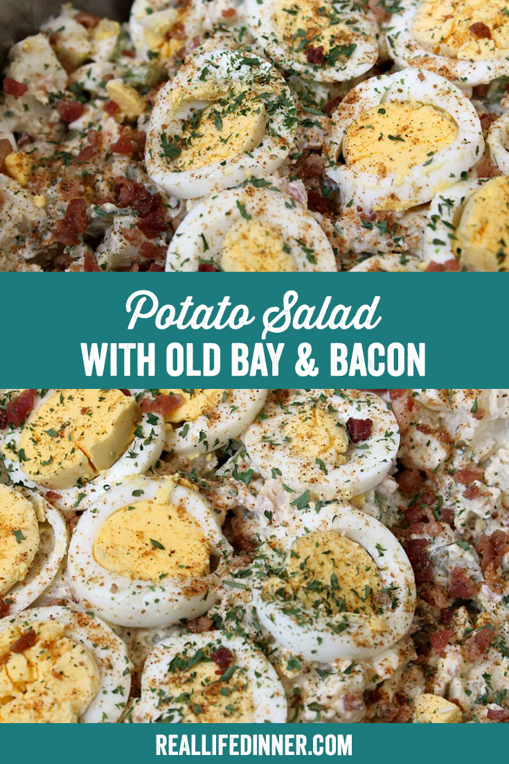 a pinterest collage photo of potato salad with old bay and bacon. it has two pictures in it.