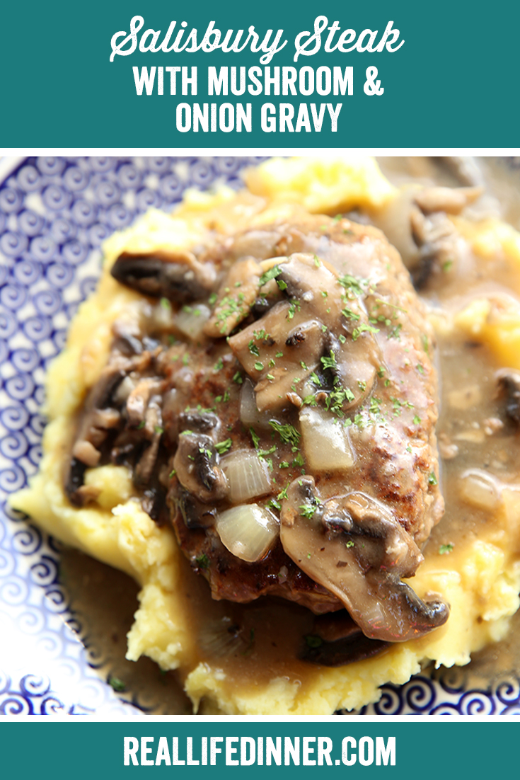 A pinterest collage for salisbury steak with mushroom and onion gravy
