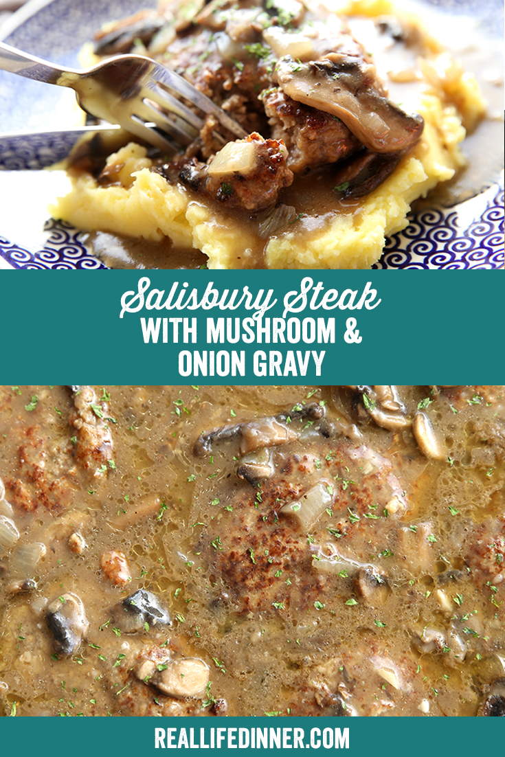 A pinterest collage for salisburys teak with mushroom and onion gravy. 