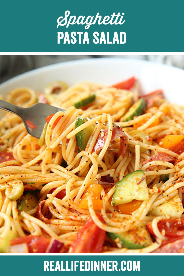 a pinterest collage photo of spaghetti pasta salad. it has one picture in it.
