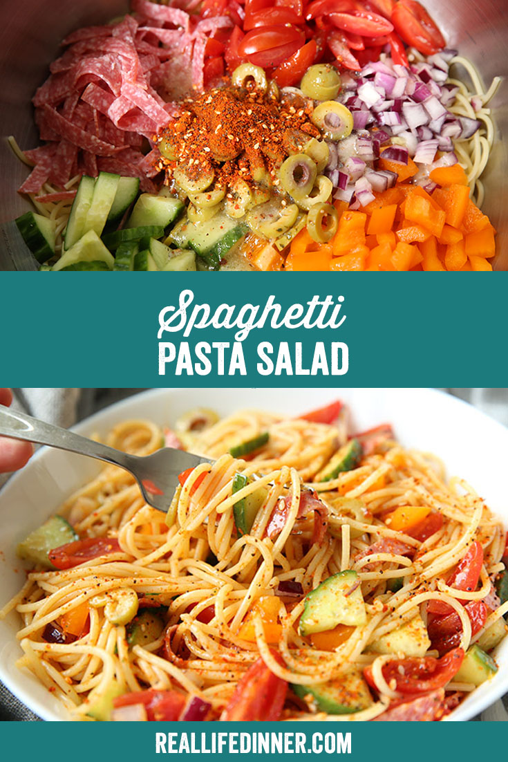 a pinterest collage photo of spaghetti pasta salad. It has two pictures in it.