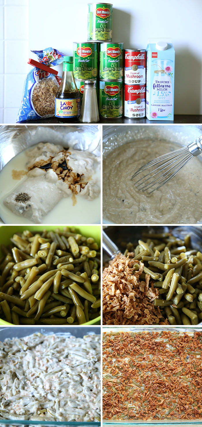 7-picture photo collage of step-by-step photos of how to make Classic Green Bean Casserole.