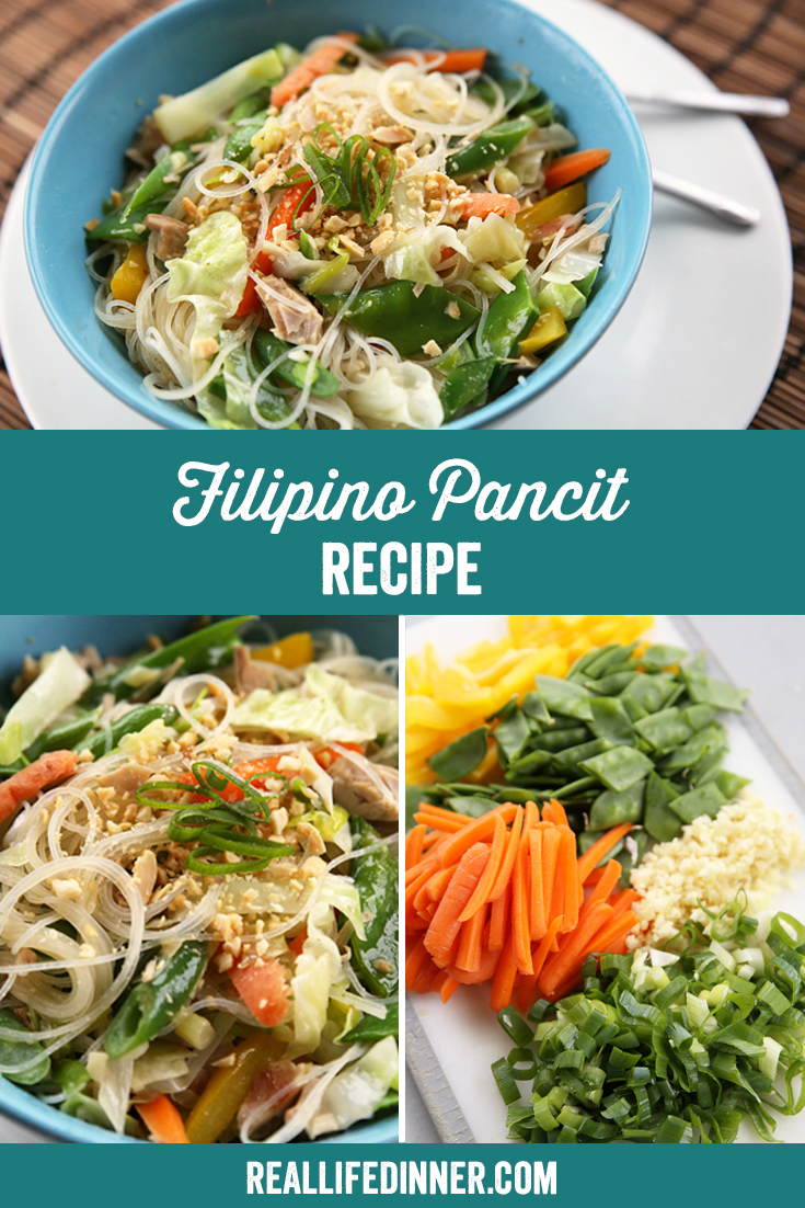 a pinterest collage photo of filipino pancit recipe. it has three pictures in it.