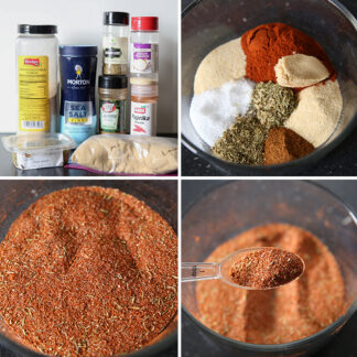 4-picture photo collage of step-by-step photos for making Homemade Blackened Seasoning Mix