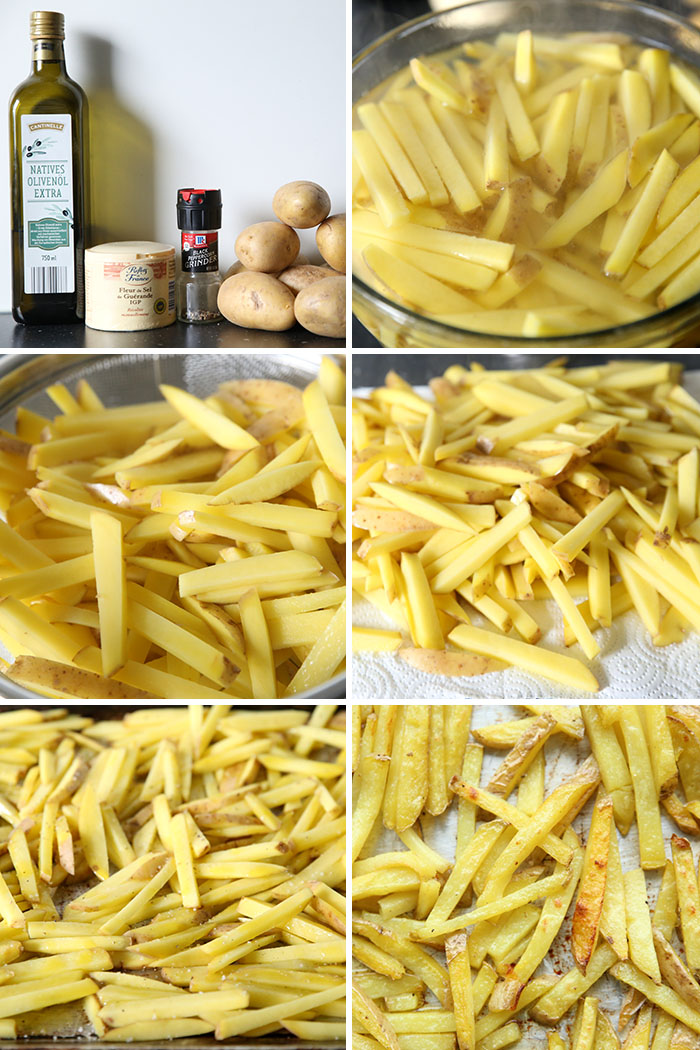 6-photo picture collage of step-by-step photos for how to make Oven-Baked French Fries.