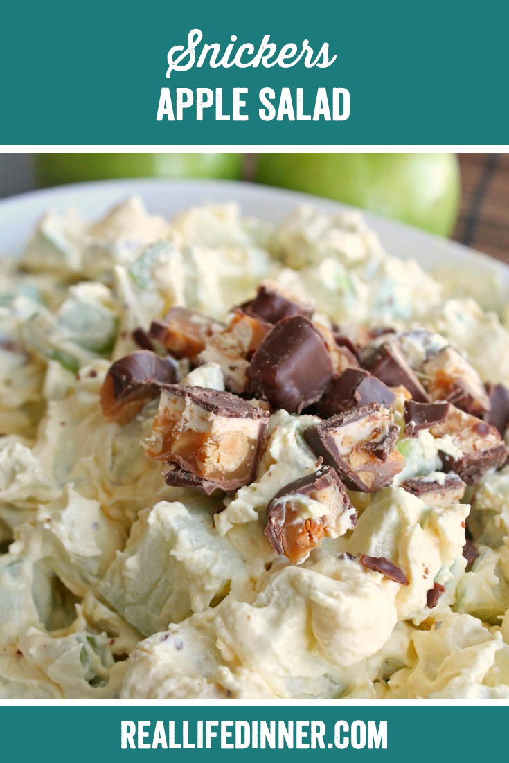 a pinterest collage photo of snickers apple salad. it has one picture in it.