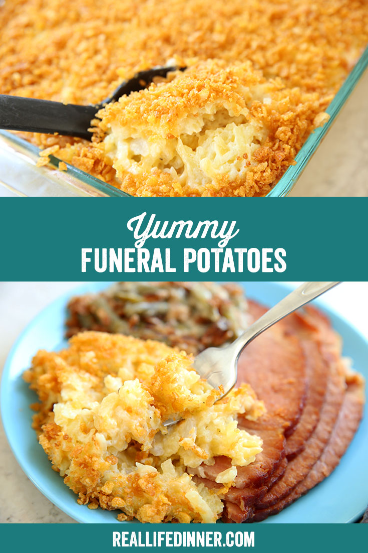 pinterest collage with two images of yummy potatoes. one is the serving dish with a spoon taking a scoop the other is a plate with ham and green bean casserole along with the potatoes.