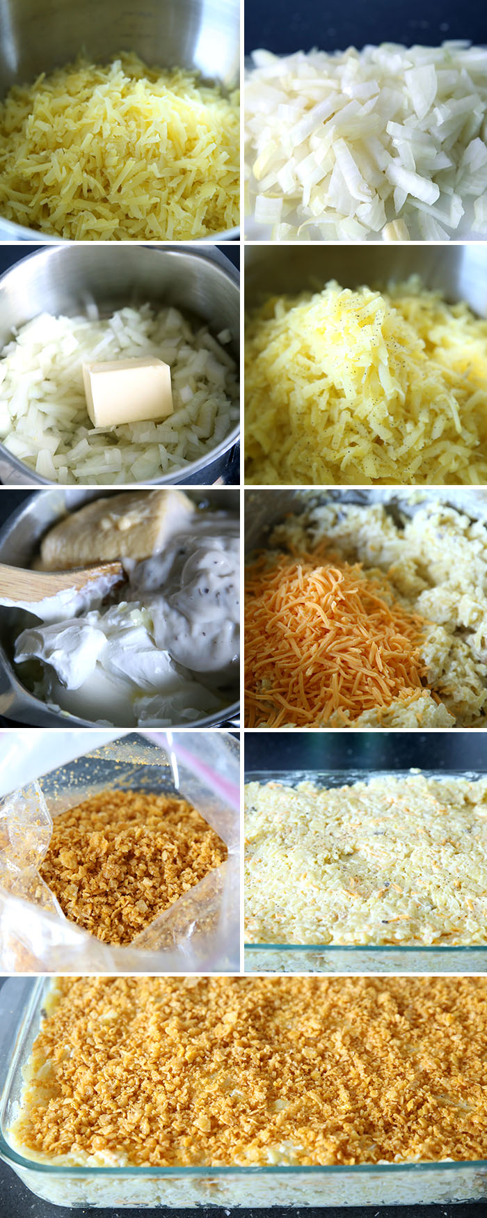 Step by step picture collage of how to make yummy funeral potatoes. There are nine pictures showing the steps