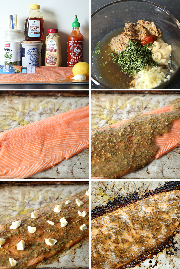 6-photo collage picture of step-by-step photos on how to make baked salmon.