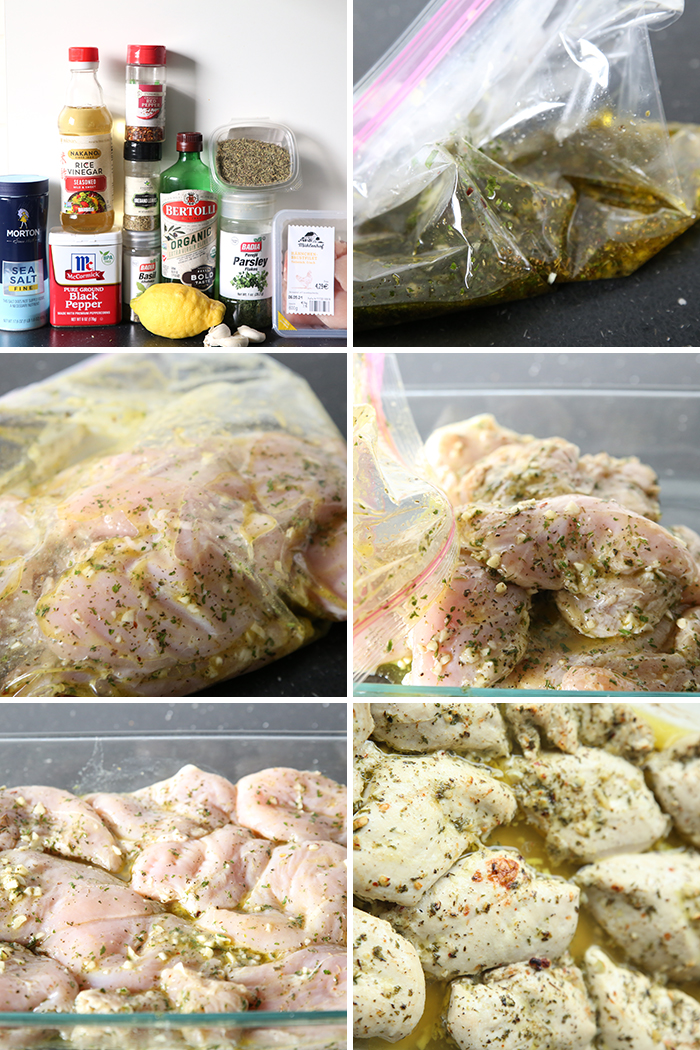 6-photo picture collage of step-by-step photos for making Baked Lemon Herb Chicken Breasts.