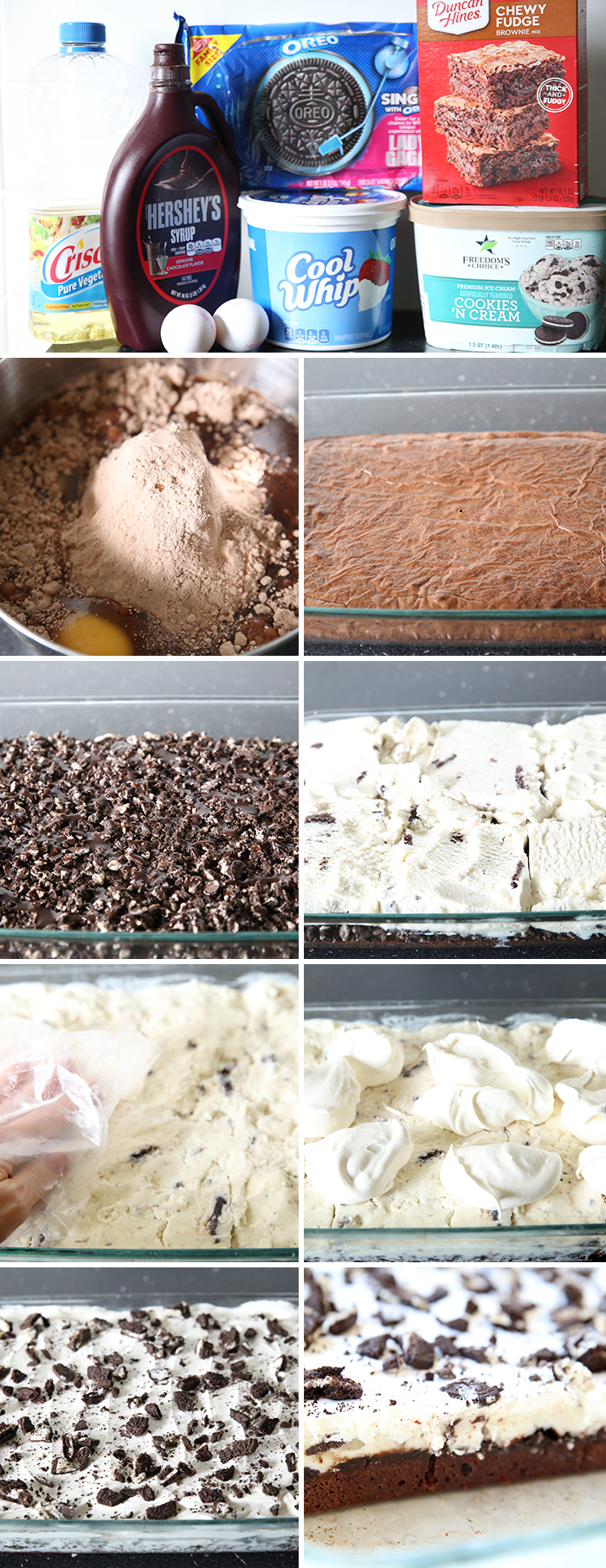 9-photo picture collage of step-by-step pictures of how to make Brownie Oreo Ice Cream Cake.